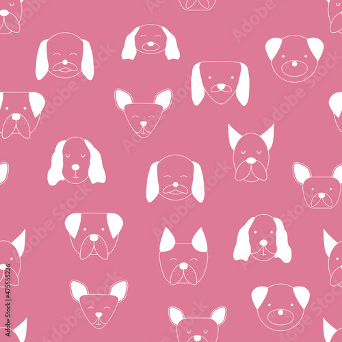 Seamless baby pattern with dog animal muzzles. Monochrome on a colored background.