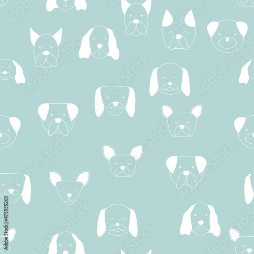 Seamless baby pattern with dog animal muzzles. Monochrome on a colored background.