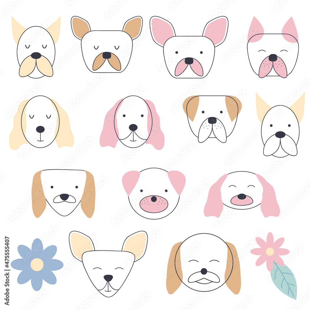 Collection of facial expressions of different breeds of dogs. Cute baby style, suitable for newborns Collection of facial expressions of different breeds of dogs. Cute baby style, suitable for newborns