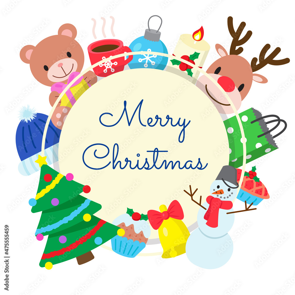Fototapeta premium Happy holidays, card with different design elements. Merry Christmas and happy New Year print. Frame of clip arts. Print for seasonal decoration, banners, stickers, poster, flyer, invitation 