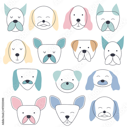 Collection of facial expressions of different breeds of dogs. Cute baby style  suitable for newborns