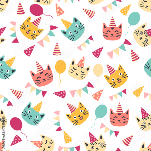 seamless pattern of birthday celebration elements - balloons, gifts, flag, cake, cute cat in hat