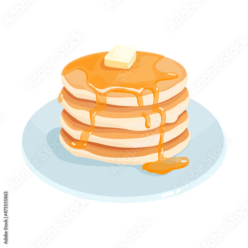 Pancakes with maple syrup, honey and a bit of butter.
Cartoon vector graphics.