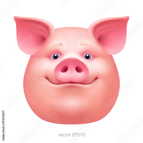 Portrait of happy pig. Head of pink hog. Surprised face of a fat swine. Piggy mask. Realistic vector drawing. Gradient mesh. Isolated clipart