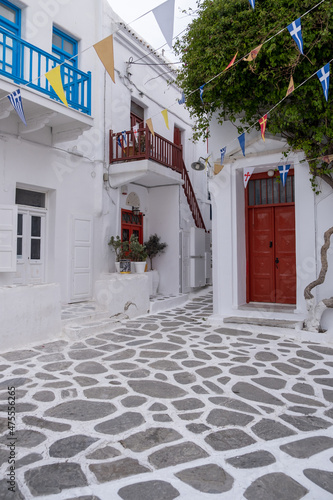 Mykonos island, Chora village. Cyclades Greece. Whitewashed buildings, narrow cobblestone alley © Rawf8