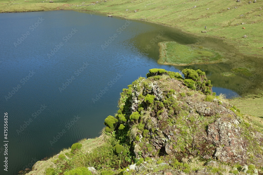 View onto the crater lake of Caldeira do Corvo on a sunny summer day, Corvo, Azores, Portugal