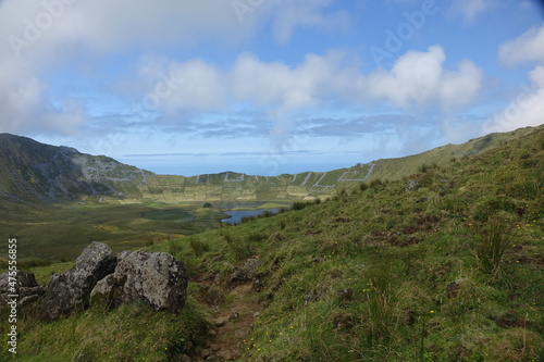Panorama view over remote Caldeira do Corvo, Corvo, Azores