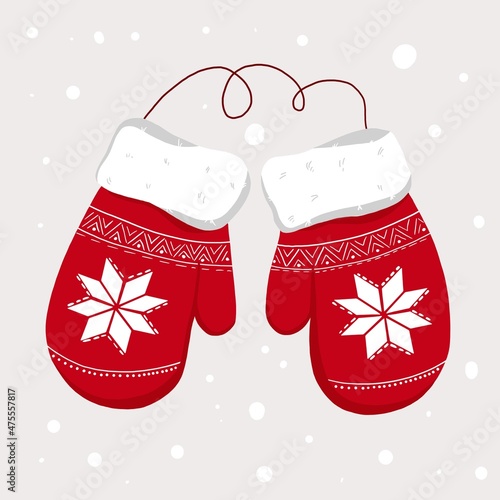 Pair of knitted red Christmas mittens. Christmas card. Raster illustration.