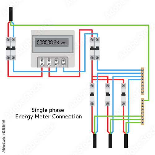 Single-phase network energy meter connection diagram. Vector illustration.