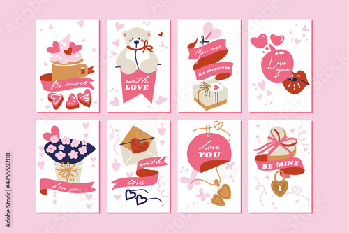 Vector Valentines template greeting cards with attributes, signs and love symbols. Cute romantic backgrounds.