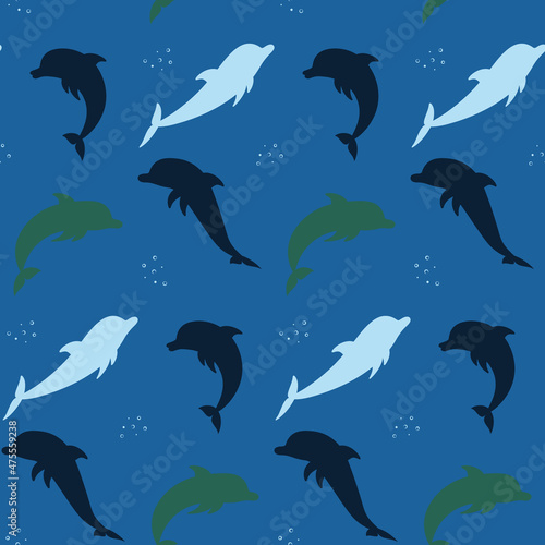 Seamless pattern silhouettes of dolphins in the sea. Color vector illustration.
