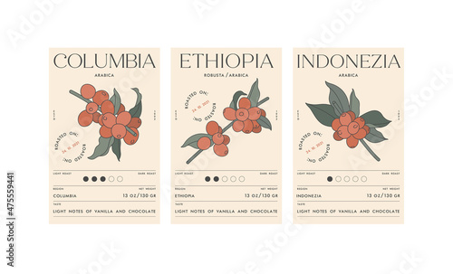 Vector set illustration design labels for coffee packages. Minimalistic and modern design with coffee beans branch.