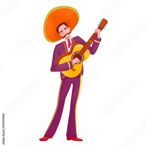 Young mexican man in sambrero with guitar.Cartoon vector graphic.