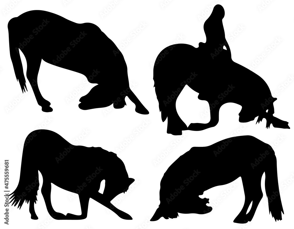 Vector illustration, black and white silhouette: Kneeling horses set