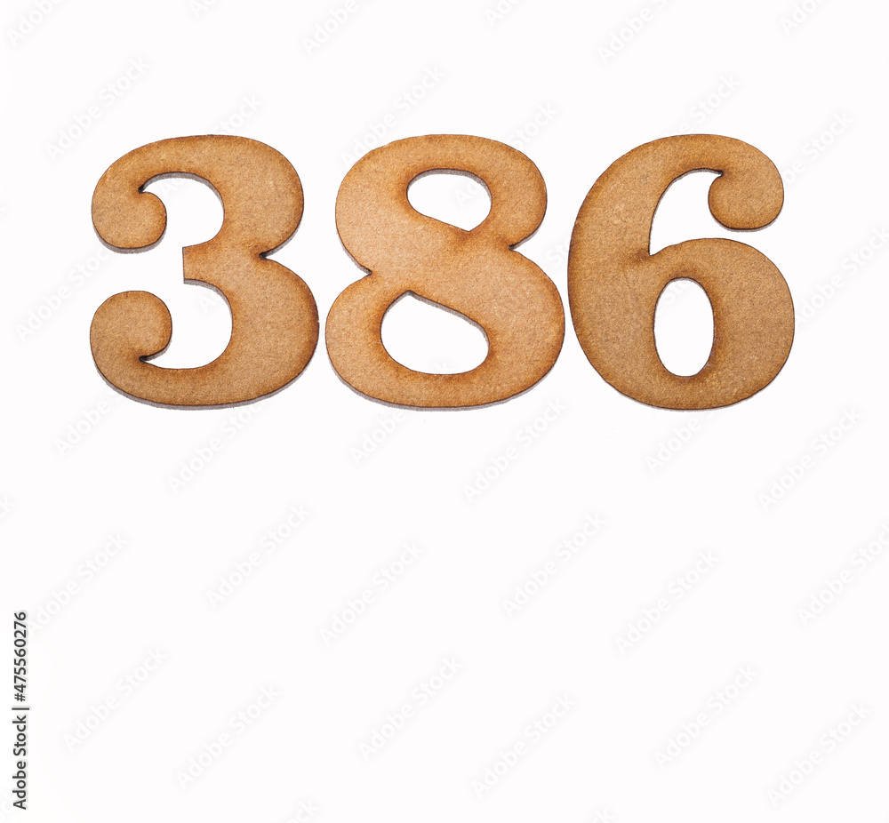 Number 386 - Piece of wood isolated on white background Number 386 - Piece of wood isolated on white background