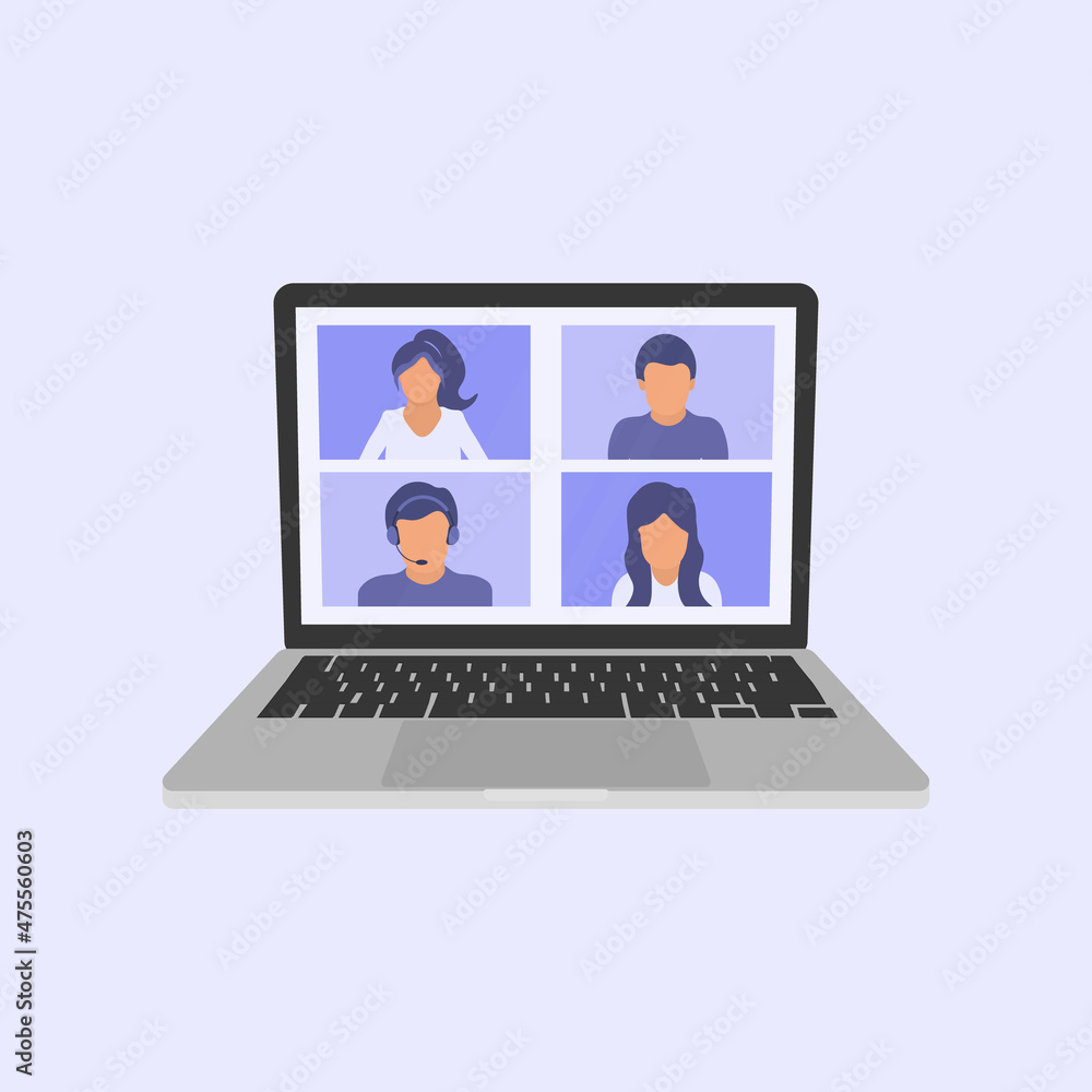 Conference video call. Online meeting in video call. Web Video Conference. Team using laptop for a online meeting. Working from home share ideas brainstorming. Vector illustration. Conference video call. Online meeting in video call. Web Video Conference. Team using laptop for a online meeting. Working from home share ideas brainstorming. Vector illustration.
