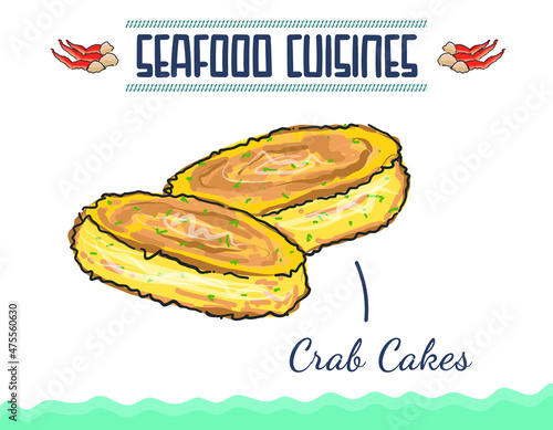 Crab cakes with lemon popular United States fishcake, seafood cuisine, East Asian famous crab cakes seafood dish food. Minimal colored isolated vector illustration.