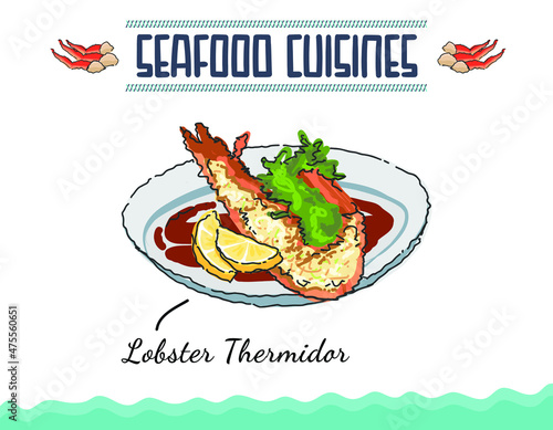 Doodle of Canadian Maine lobster thermidor, Lobster thermidor served with glazed potato and asparagus in a platter. Minimal colored isolated vector illustration. photo