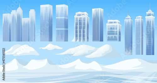 Ice age in modern city. Set skyscrapers, mountains of snow and buildings. Frozen town after snowfall storm. Aftermath of natural disaster. Cartoon game vector illustration.