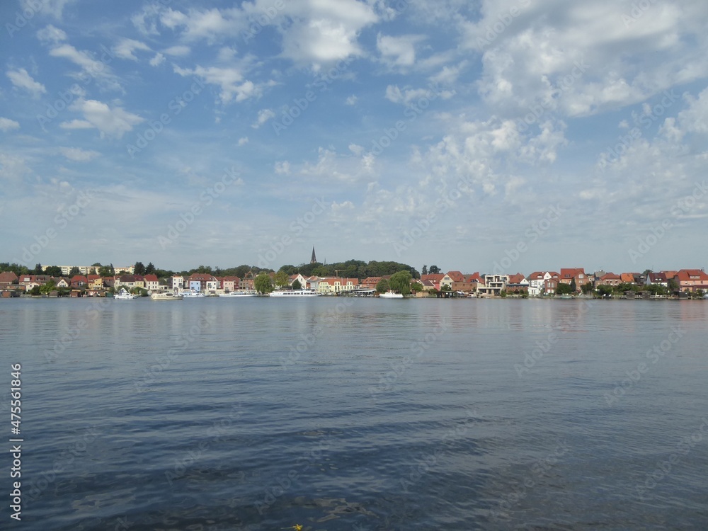 View over lake Malchow to the city of Malchow, Mecklenburg-Vorpommern, Germany