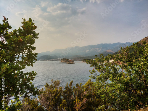 beautiful view of island Sveti-Stefan near Budva in Montenegro, Europe, Adriatic Sea and mountains