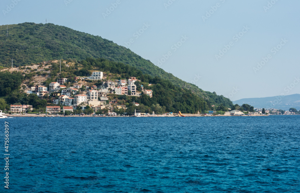 Bay of Kotor, view from the sea to the old town of Herceg Novi in Montenegro, Europe, Adriatic Sea and mountains