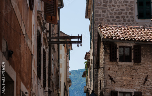 Ancient street  historical building in the old town of Kotor  Montenegro  Europe  Adriatic sea and mountains