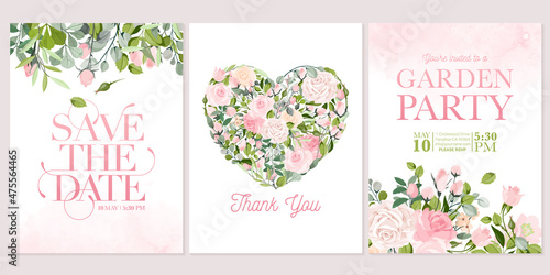 Vector floral autumn wedding invite card template set. Lush fall leaves, blush peach, pink and ivory roses, white anemone flowers bouquet decorative watercolor style stylish frame. Editable & isolated