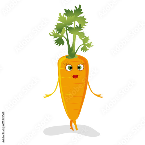 Funny cute cartoon carrot in a pod drawing illustration. Healthy food children vector concept. Vegetable funky character. Vegan food. 