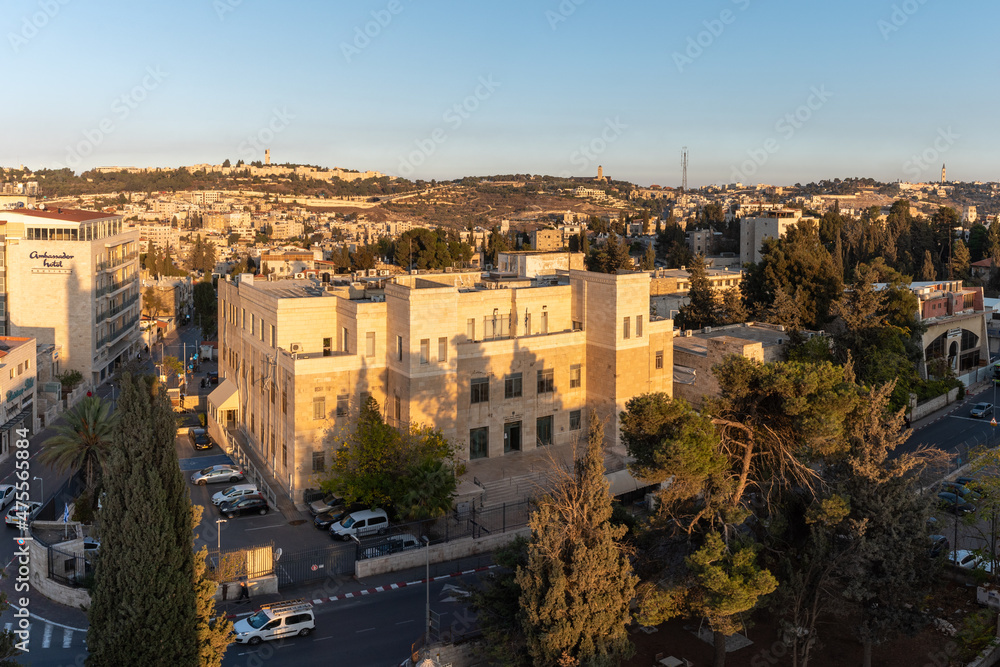 Overview of Jerusalem from the tower of St. George's Cathedral in late afternoon in Israel
