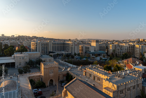 Overview of Jerusalem from the tower of St. George's Cathedral in late afternoon in Israel 