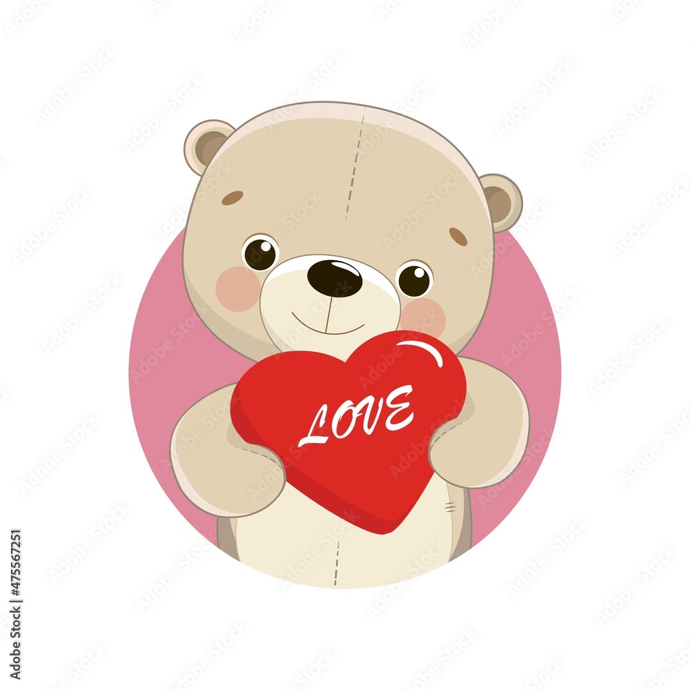 Fototapeta premium Cute Teddy Bear with lred heart. Happy Valentine's Day greeting card. Animal cartoon character in love holidays.