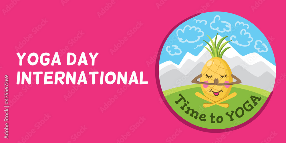 Yoga day international banner with pineapple doing yoga