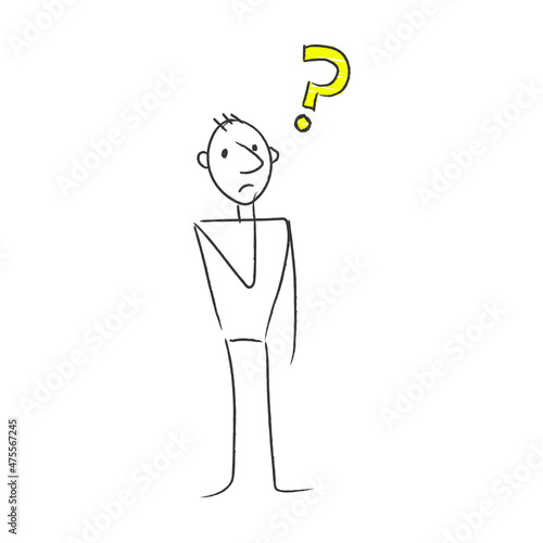 Confused stick figure thinking with yellow questionmark over his head