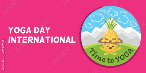 Yoga day international banner with pineapple doing yoga