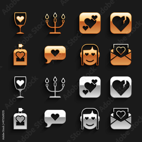 Set Heart in speech bubble, Broken heart or divorce, Envelope with Valentine, Romantic girl, Perfume, Glass of champagne and Candlestick icon. Vector