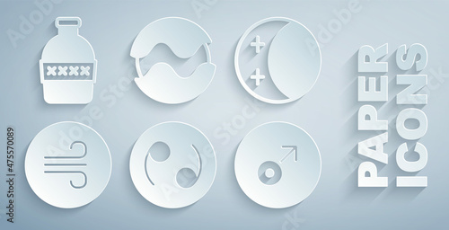 Set Cancer zodiac, Eclipse of the sun, Windy weather, Mars symbol, Planet and Bottle water icon. Vector