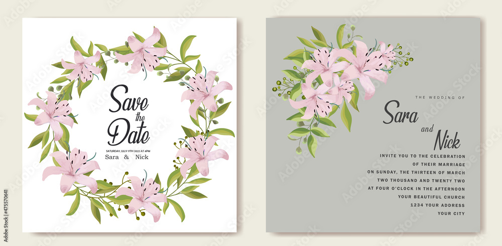 Floral wedding invitation card template design, Somei Yoshino sakura flowers with ampersand lettering on white, pastel vintage theme
