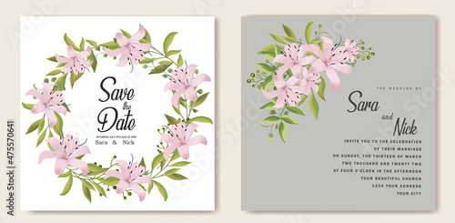 Floral wedding invitation card template design, Somei Yoshino sakura flowers with ampersand lettering on white, pastel vintage theme
 photo