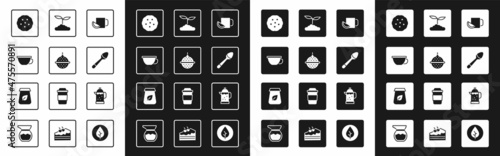 Set Cup of tea with lemon, Ball strainer, Cookie or biscuit, Teaspoon, leaf, French press and packaging icon. Vector