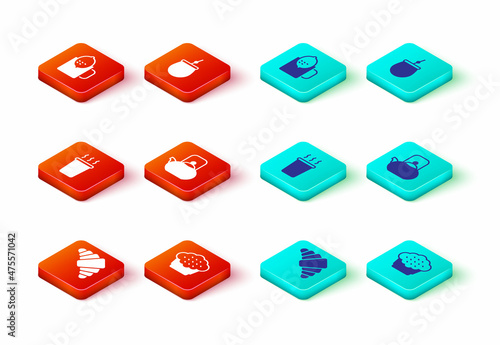 Set Croissant, Muffin, Cup of tea, Kettle with handle, Mate and lemon icon. Vector