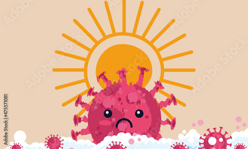 Summer sun kill covid virus concept epidemic vector illustration. Sunlight ultraviolet ray destroy and clean coronavirus. Sterilization microbe UVC infection. Disinfect pandemic and stop virus danger