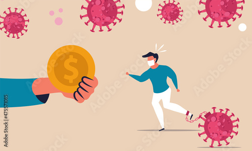 Business assistance and stimulation of the economy with money from the coronavirus. A man chained to a virus runs for financial help from a company. Financial crisis of the economy and collapse.