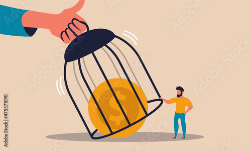 Reopen a business after a lockdown. Man opens and restarts the economy opened cage vector illustration. People have returned to normal life and the quarantine is over. People and financial condition