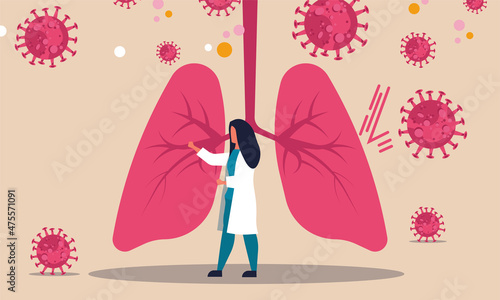 Doctor woman checks and treats human organ lungs vector concept illustration. Coronavirus attacks cough and health. People care about the health of the body. Medical anatomy of hard panting virus