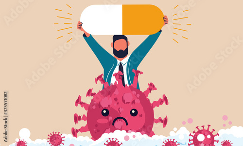 A male doctor is holding a drug or pill in his hands for treatment and killing of the corona virus. Treatment and fight against virus vaccination vector concept illustration. People have found cure