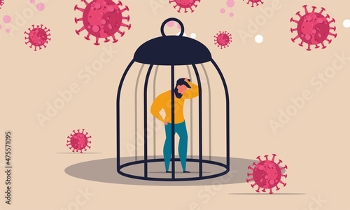 Lockdown and curfew at home vector illustration with people. A man stands in a cage around the corona virus. Decline the business economy and protect your health. Unemployment due to infection