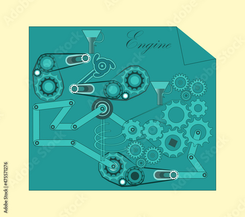 A stylized image of a complex machine on a sheet of paper. Blue color scheme. Vector illustration