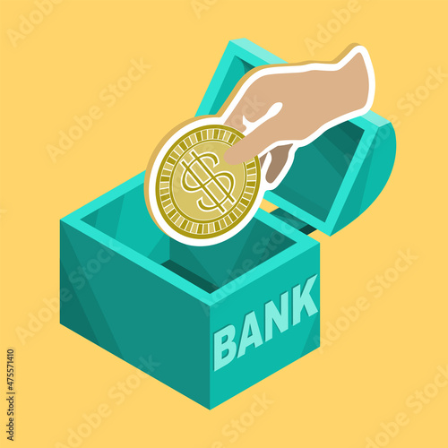 A human hand puts a dollar coin into a box as a symbol of the reliability and safety of bank storage. Isometric icon, pictogram, emblem. Vector illustration