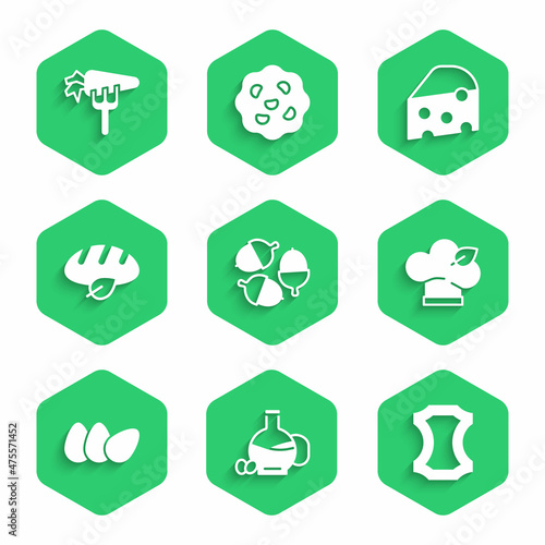 Set Acorn, Bottle of olive oil, Leather, Vegan food diet, Chicken egg, bread loaf, Cheese and Carrot icon. Vector